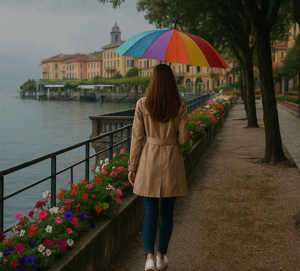 lady who walks along the promenade with Bellagio on the background, holding a colorful umbrella