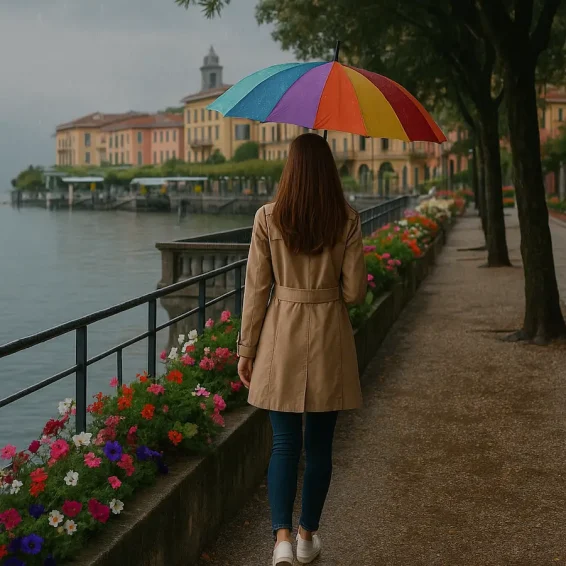 lady who walks along the promenade with Bellagio on the background, holding a colorful umbrella
